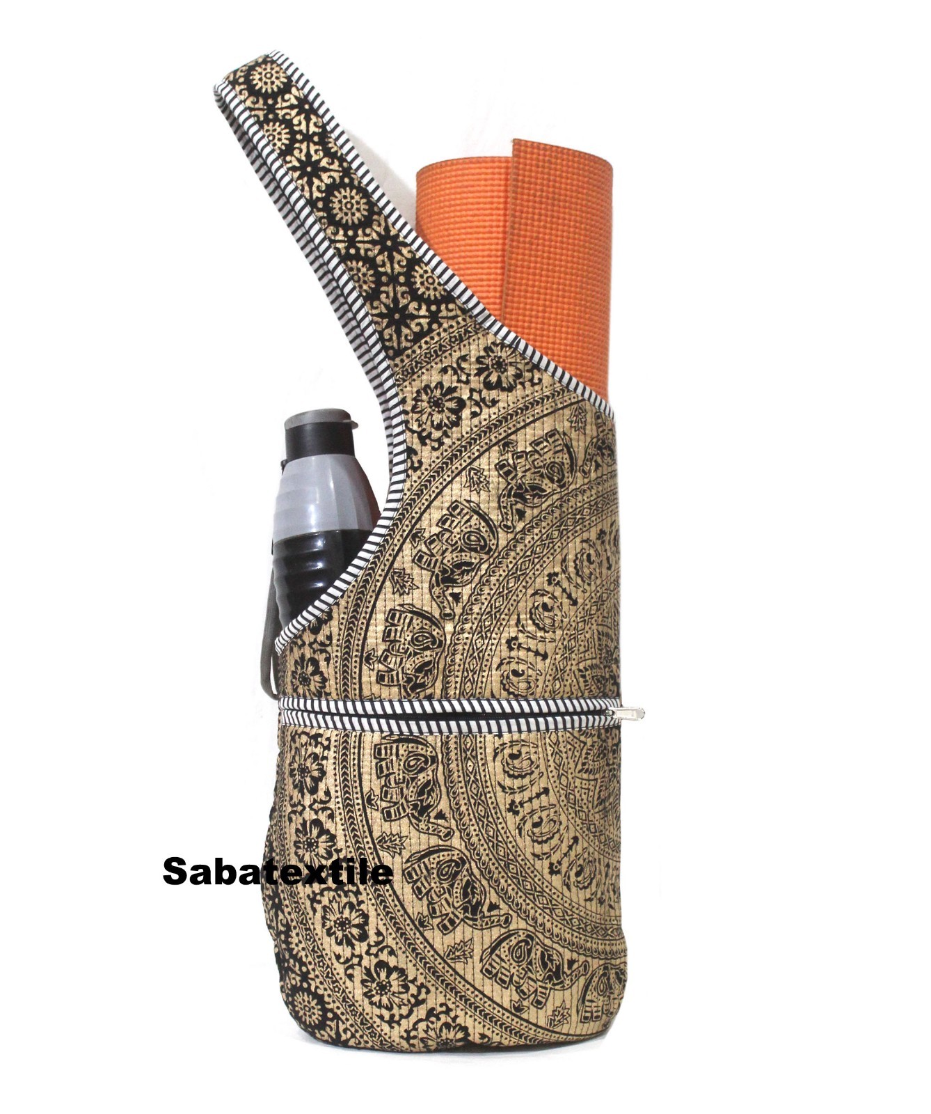 Indian Black-Gold Jhola Tote Bag, Quilted Yoga Mat Bag,Handblock Yoga Mat Bag US