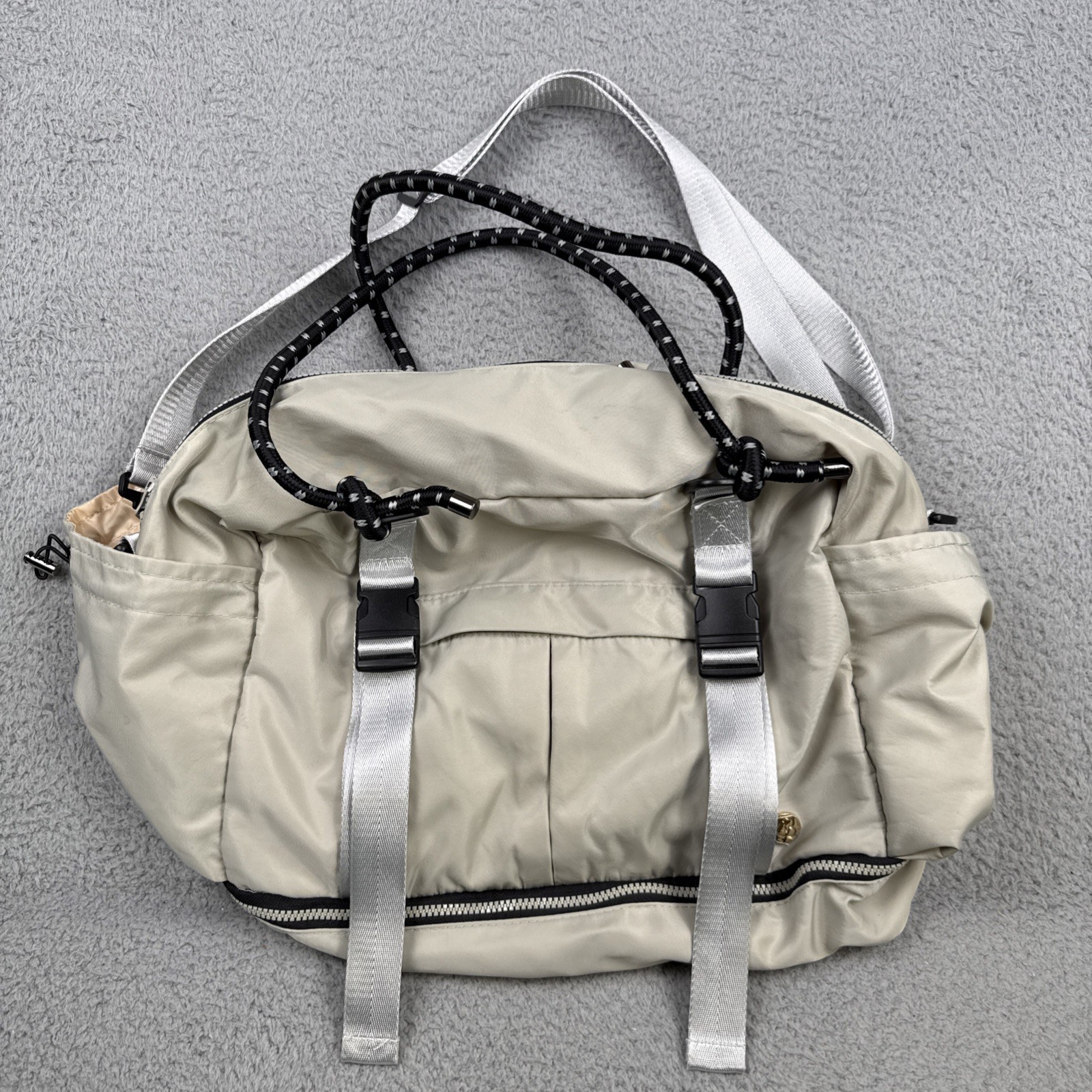 Blogilates Ultimate Gym Bag Beige Nylon Yoga Mat Holder Shoe Compartment Travel