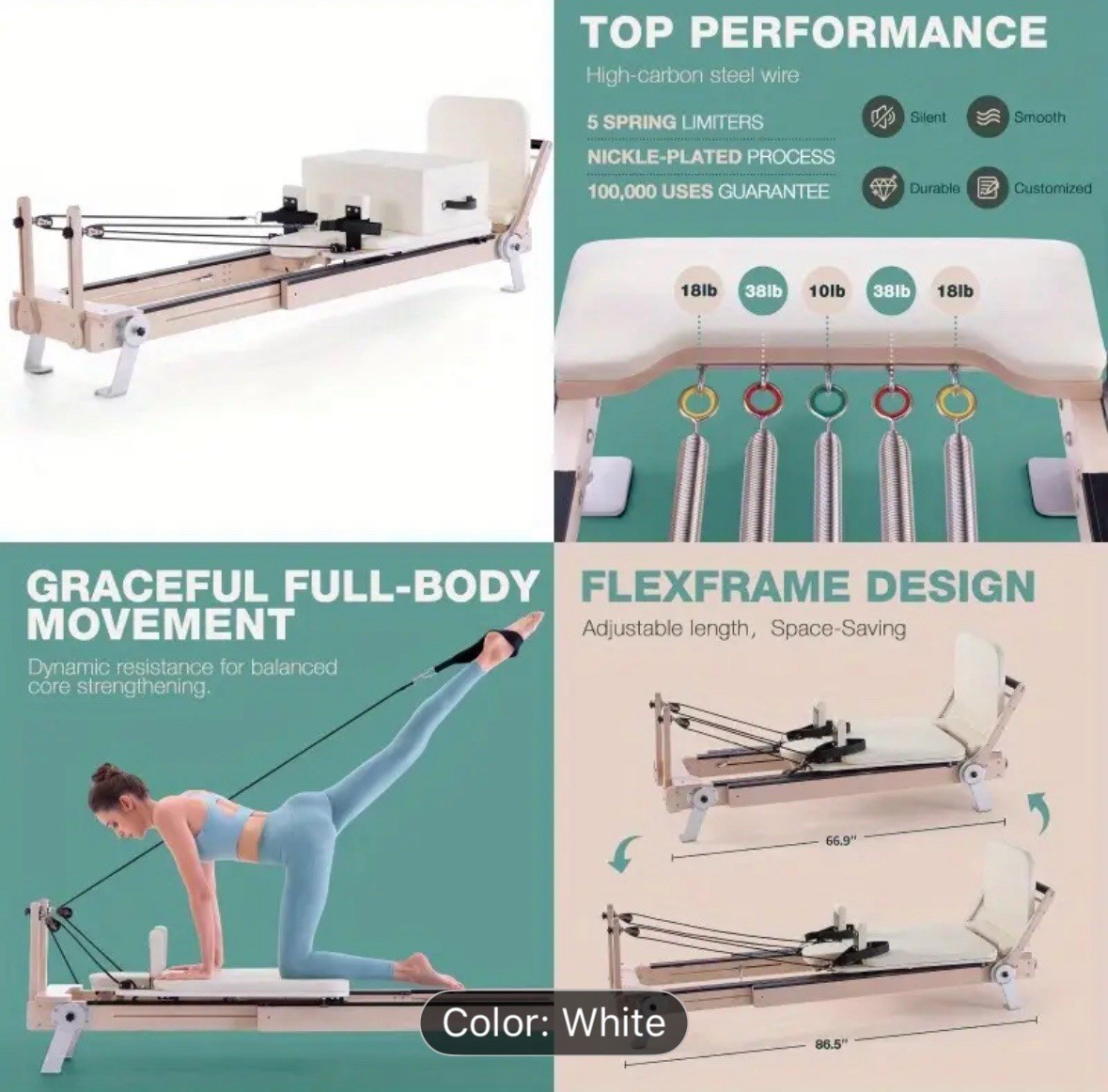Pilates Reformer Studio Adjustable / Carbon Steel Springs. Ship To Puerto Rico