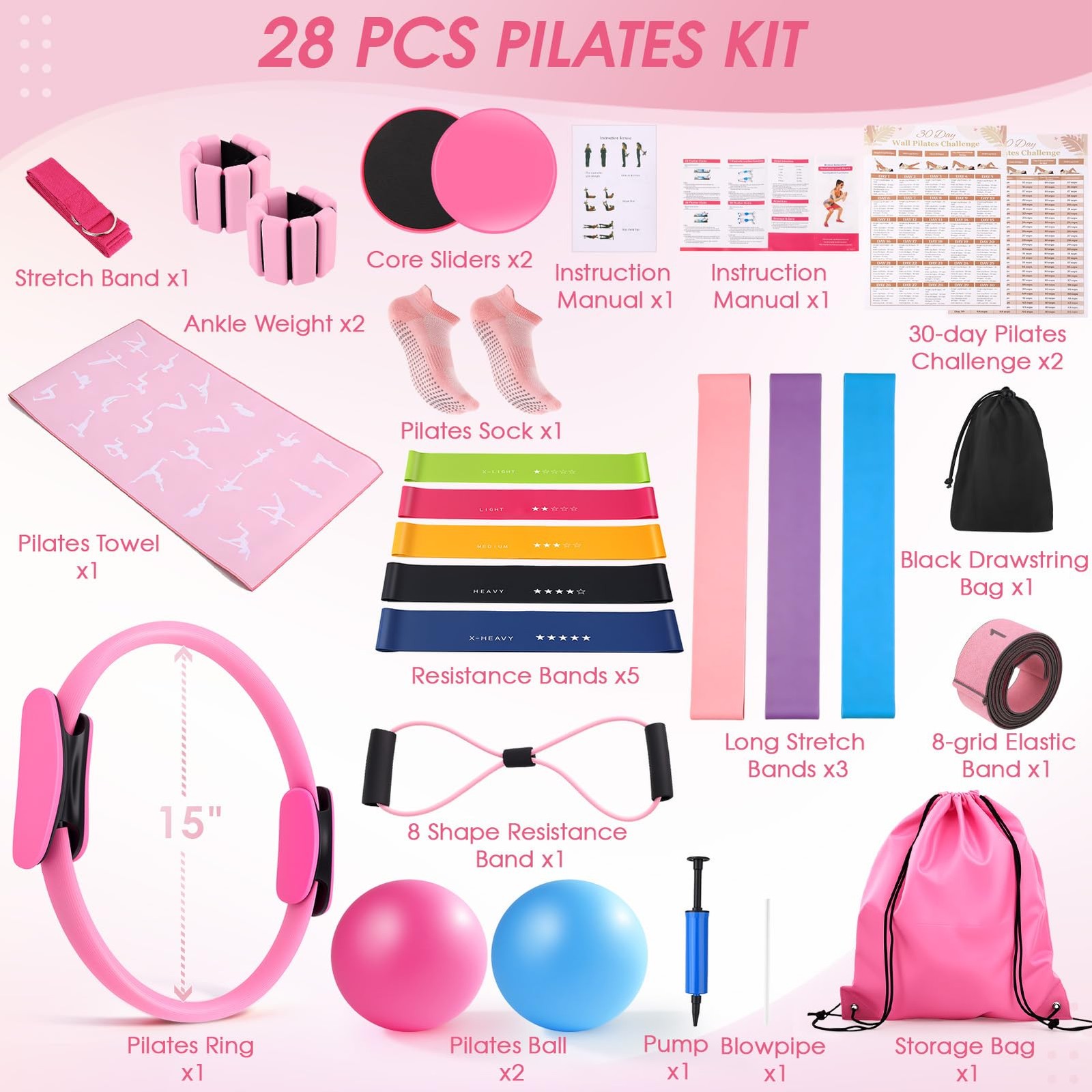 Pilates Equipment Kit for ,28PCS,Home Workout,Pink