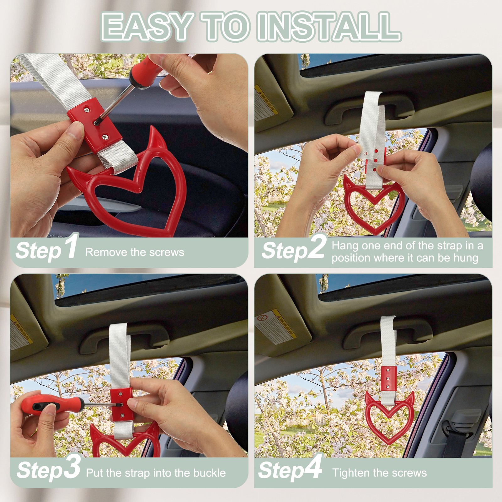 2Pcs Evil Heart Shaped Car Handle Straps Black (Black Strap)