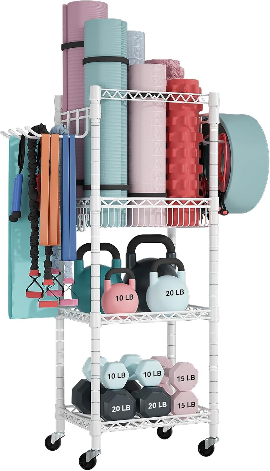 Home Gym Storage 3 Tiers Workout Equipment Organizer W/ Wheels Yoga Mats Foam