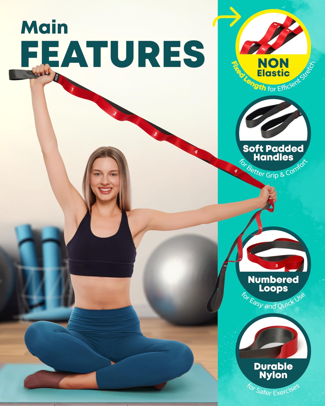 Stretching Strap with Loops Non-Elastic Yoga Band for Physical Therapy