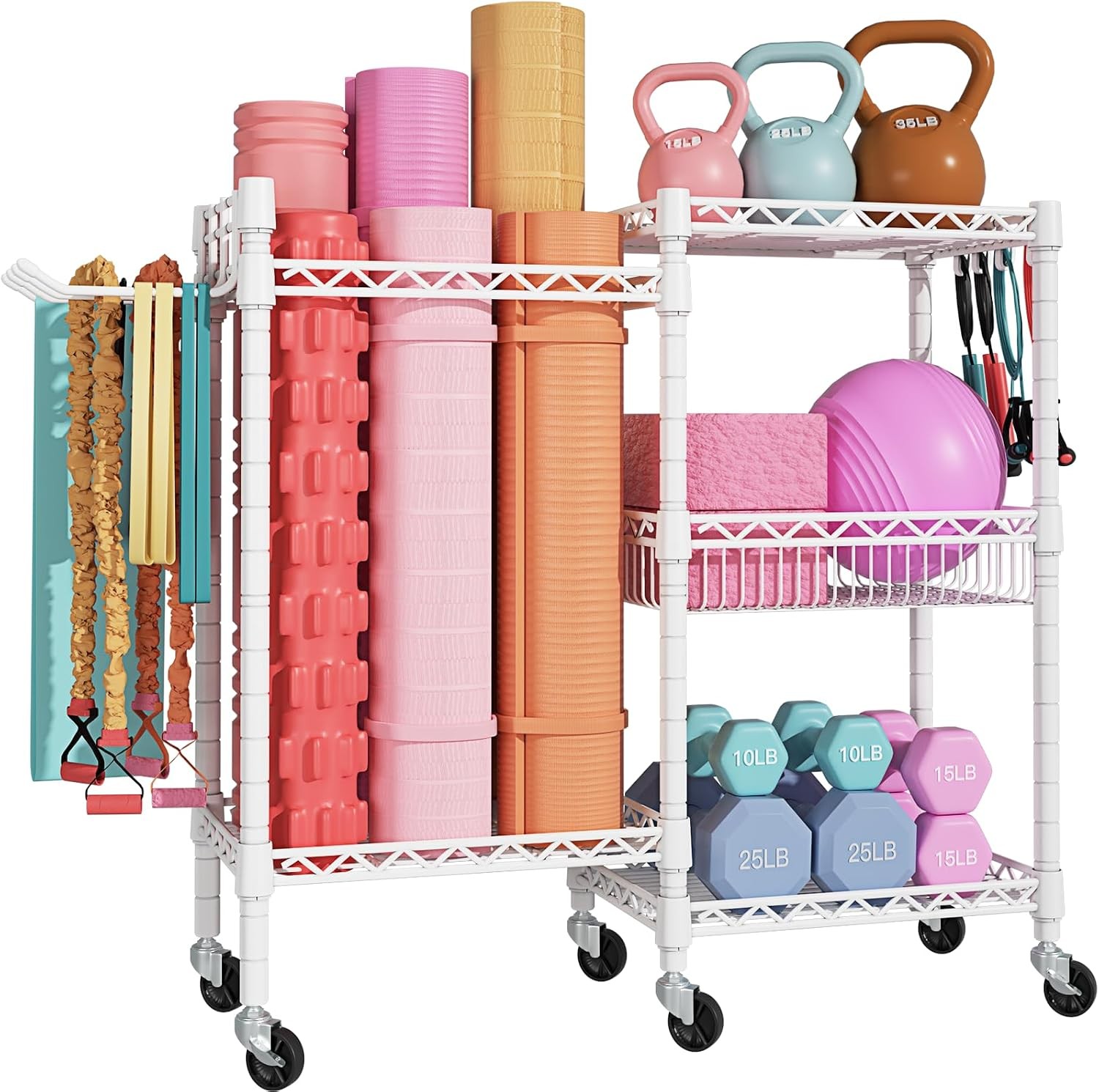 Home Gym Storage 3 Tiers Workout Equipment Organizer W/ Wheels Yoga Mats Foam