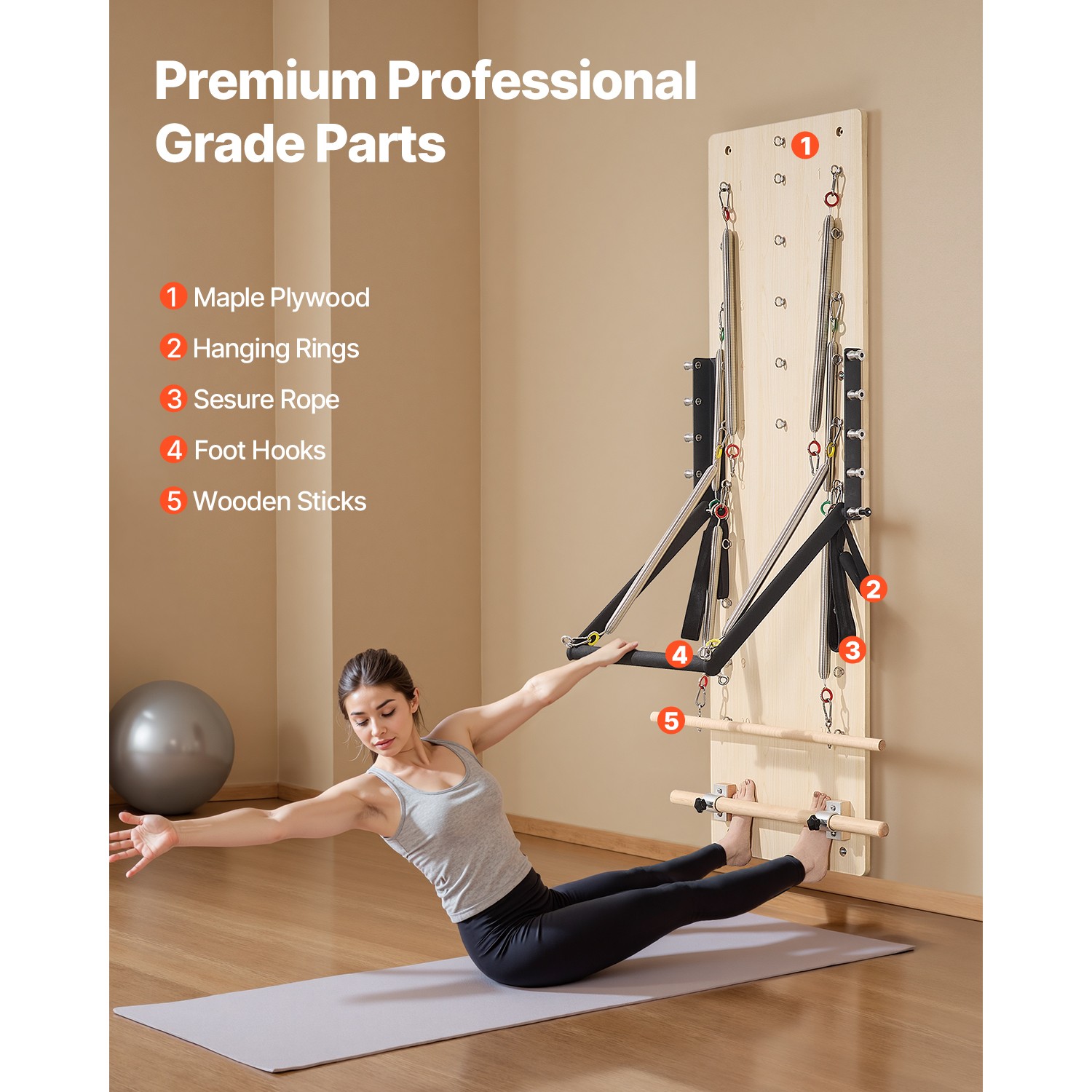 Uimoso Wall Mounted Pilates Reformer Machine Pilates Springboard Maple Wood Gym