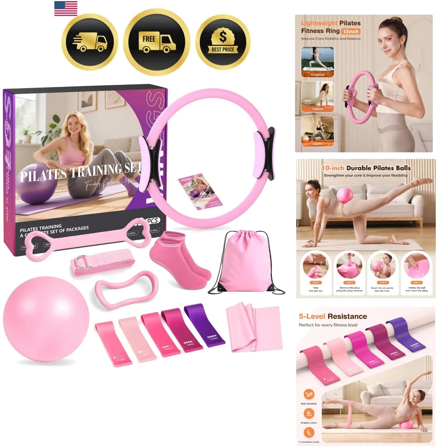 13PCS Pilates Equipment Set for Women Home Gym Workout Kit Resistance Bands