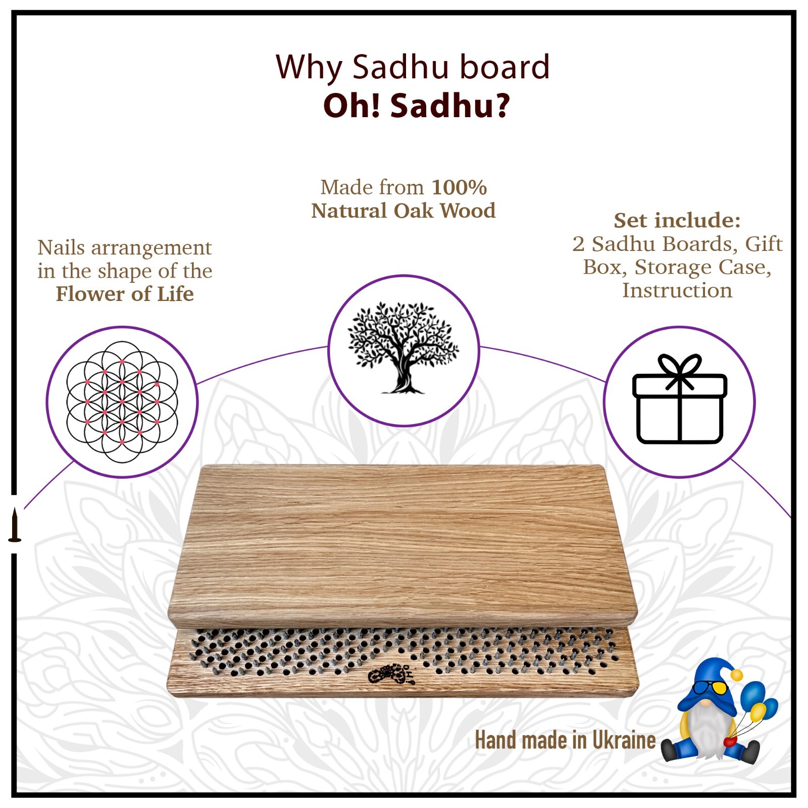 Sadhu board nails from 100% Oak wood for yoga meditation, Natural Oak