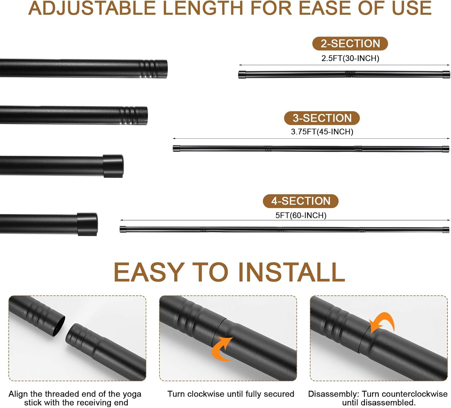 6 Set 5Ft Adjustable Yoga Stick with Non-Slip Rubber Ends