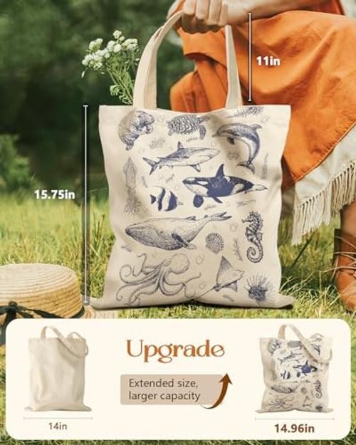Aesthetic Tote Bag for Girls – with Magnetic Buckle and Zipper Inner Sea Fish