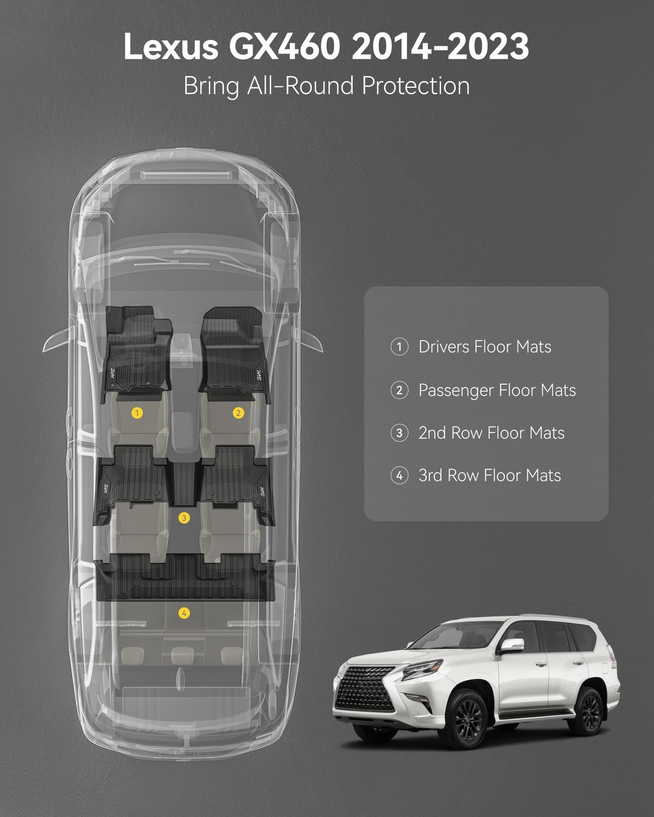 3W Floor Mats for Lexus GX460 2014-2023 (only for 7 seat), TPE All Weather Cu…