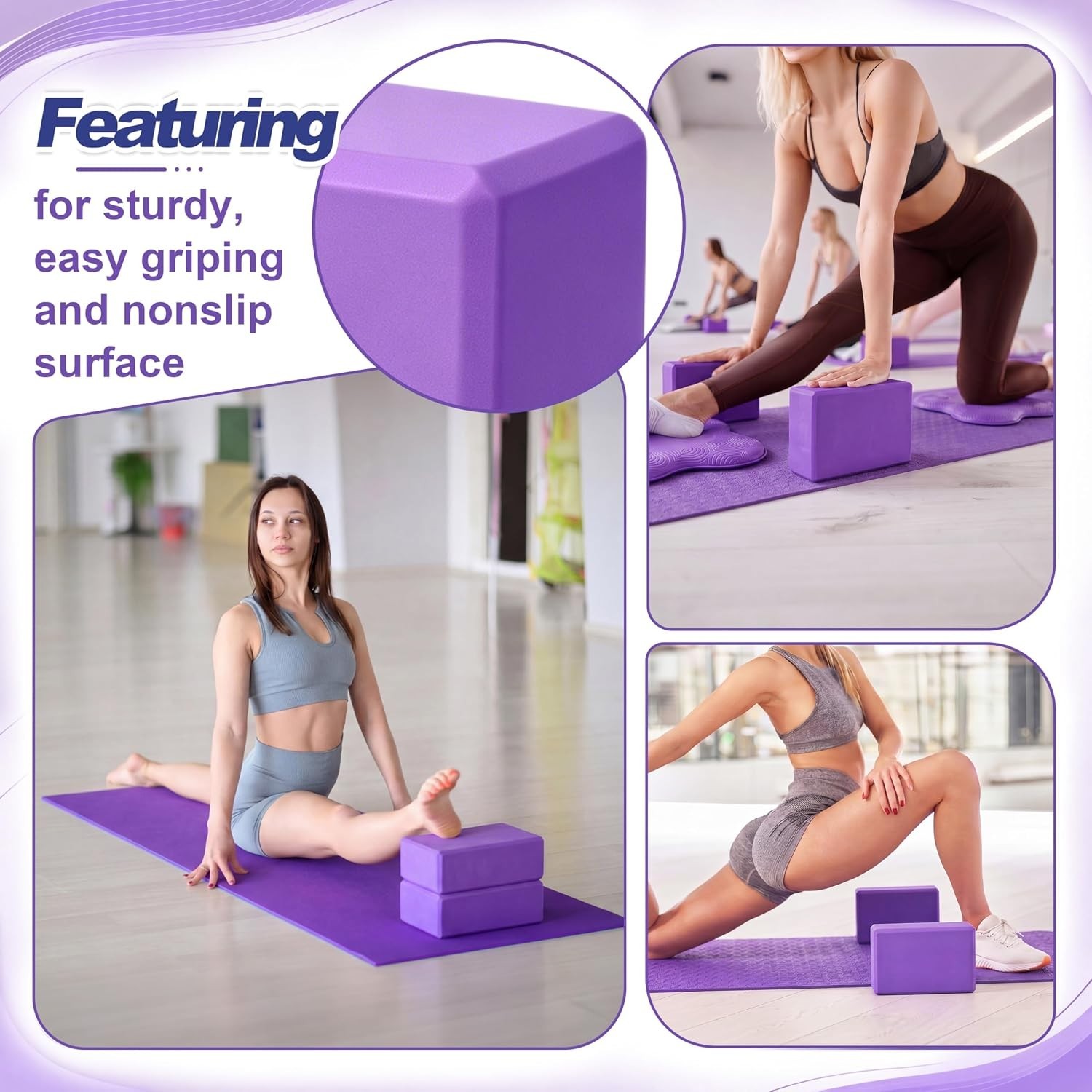 NEW! 2 Yoga Blocks & 2 Knee Pads Purple EVA Foam Pilates Stretch Wrist Support
