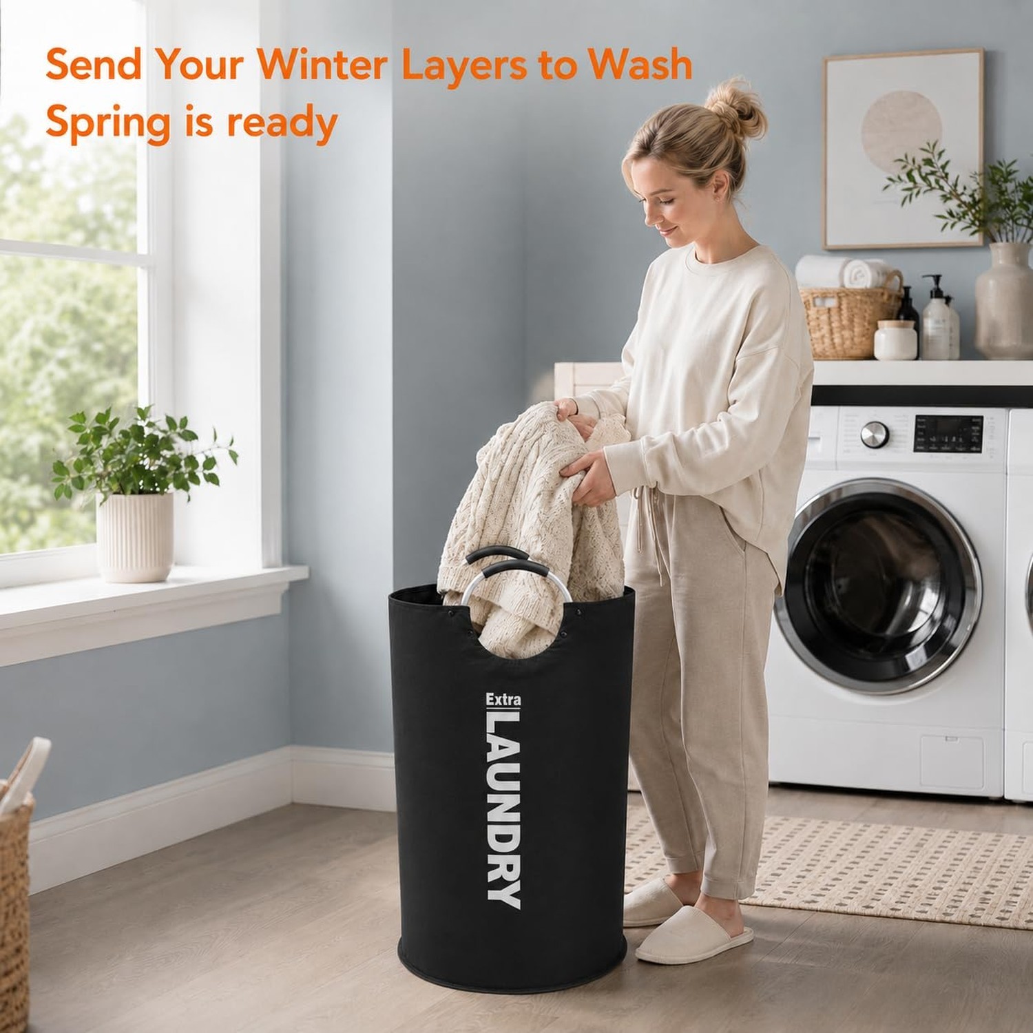EZU 90L Large Laundry Basket with 8 Steel Rivet Reinforced Handles Freestandi…