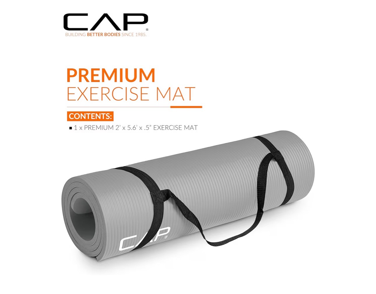 CAP Barbell 1/2-Inch High Density Exercise Yoga Mat with Strap 68&Prime;x24&Prime;, Black