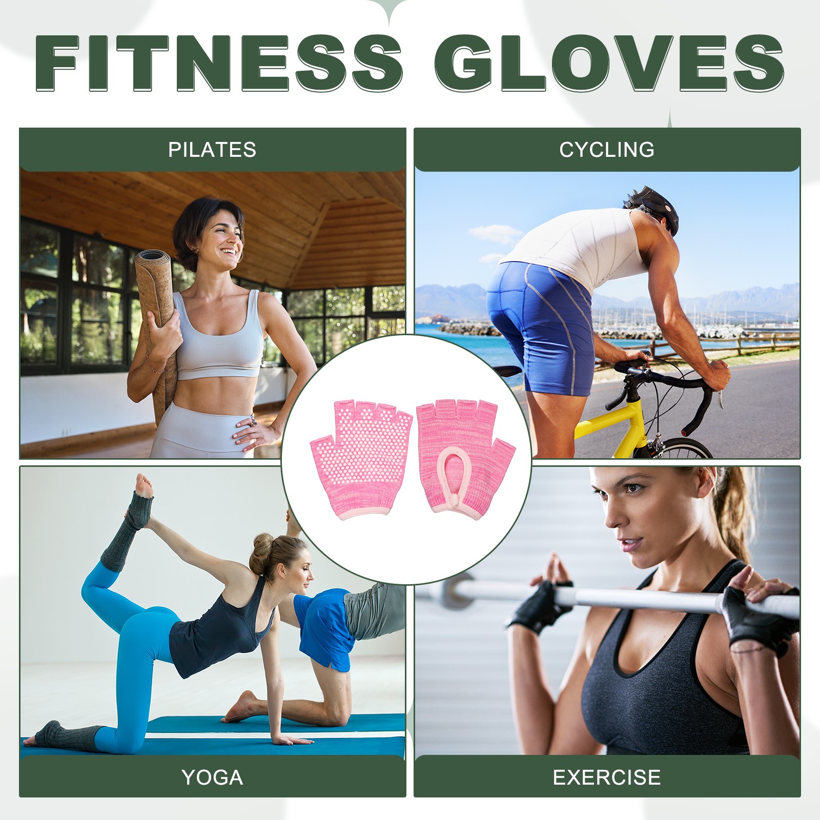 3Pairs Yoga Gloves, Non Slip Fingerless Pilates Gloves, Black Grey/Purple/Pink