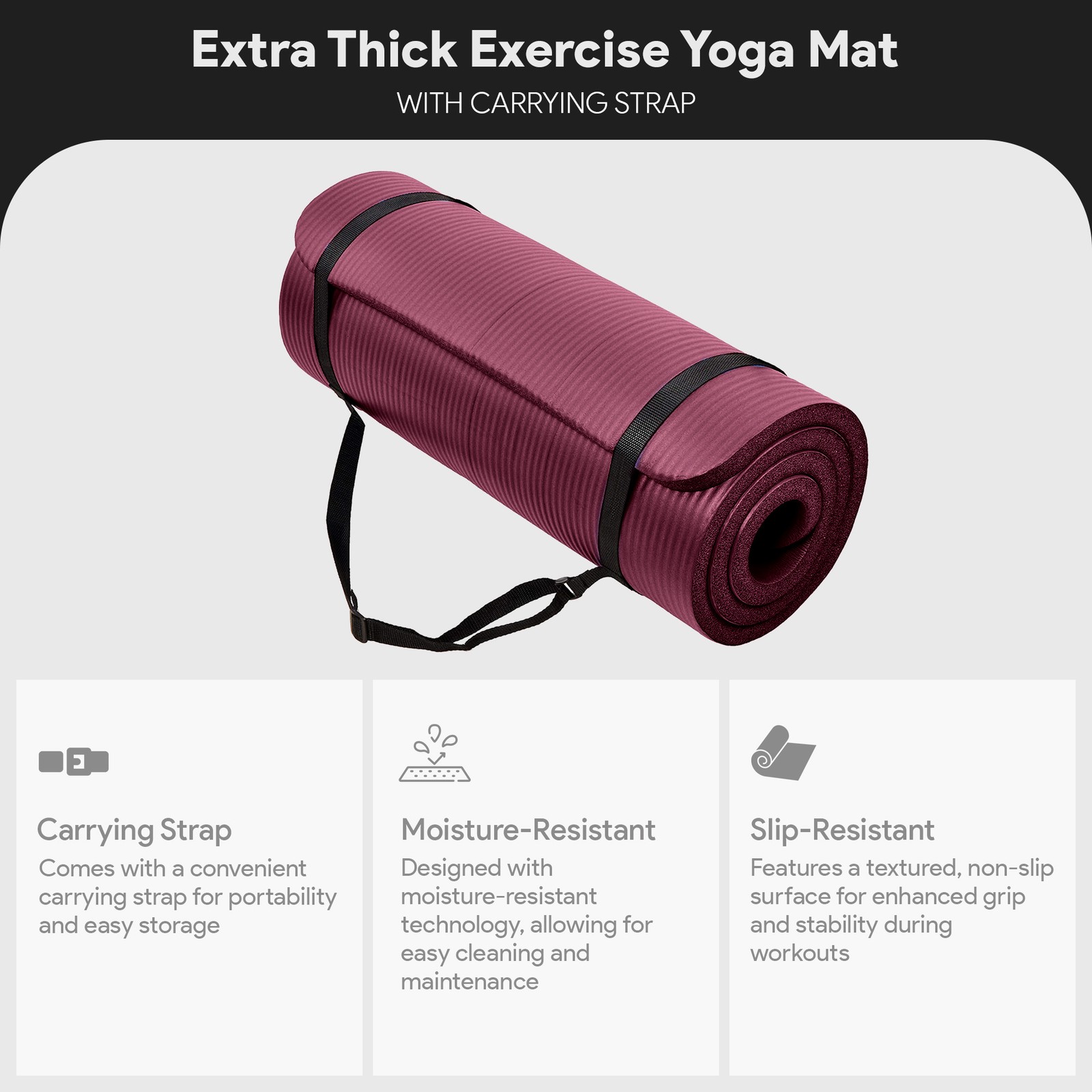 BalanceFrom Yoga Mat, 1&Prime; Extra Thick Exercise Pilates Workout Mat, Deep Wine