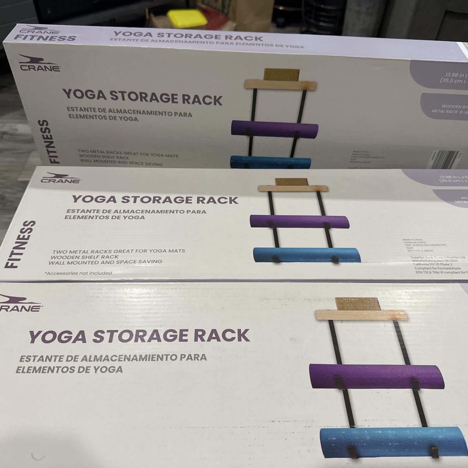 3X Wall Mount Yoga Mat Holder – Metal Storage Rack with Wooden Shelf Rack