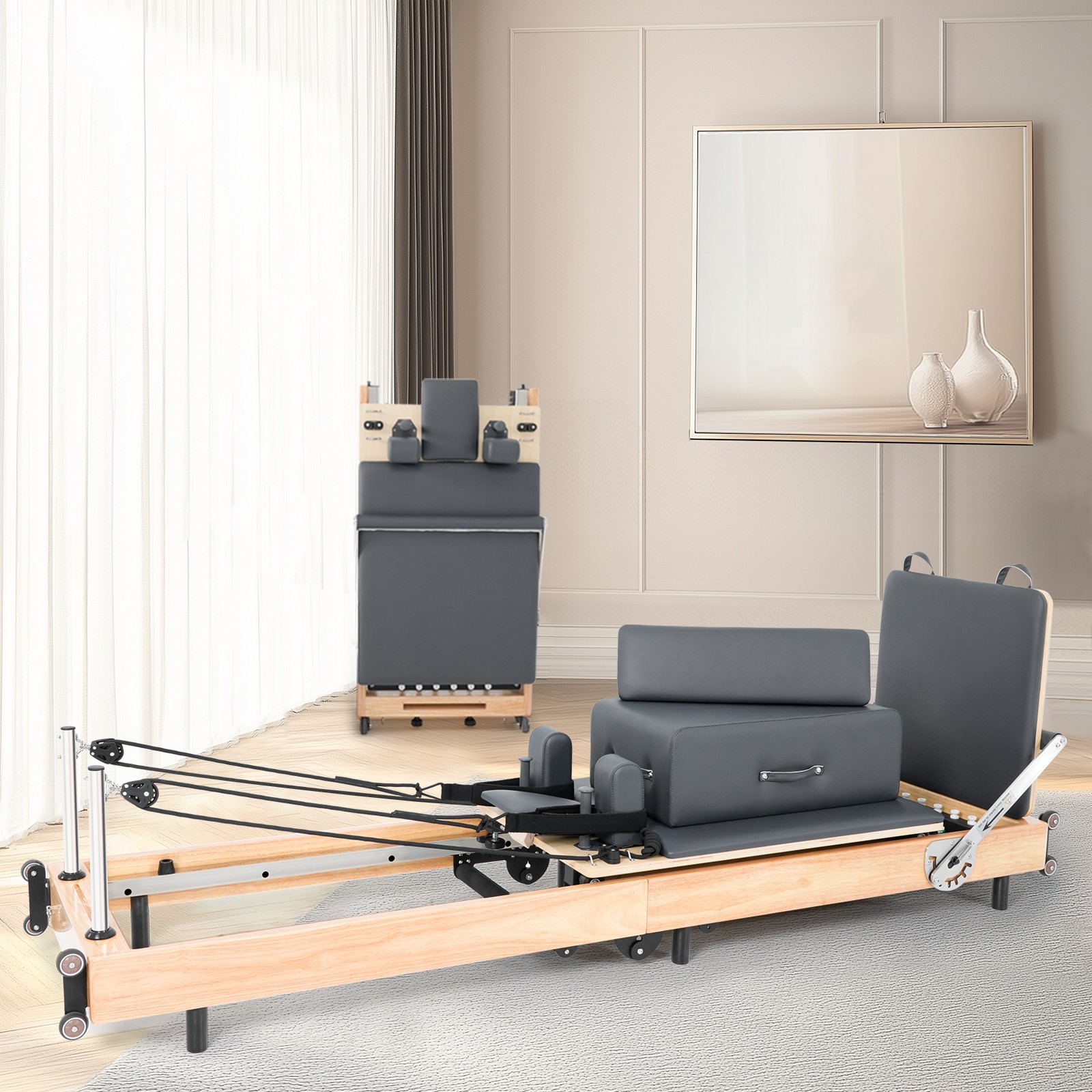 H&ZT Foldable Pilates Reformer Machine With Reformer Box Jump Board Foot Strap