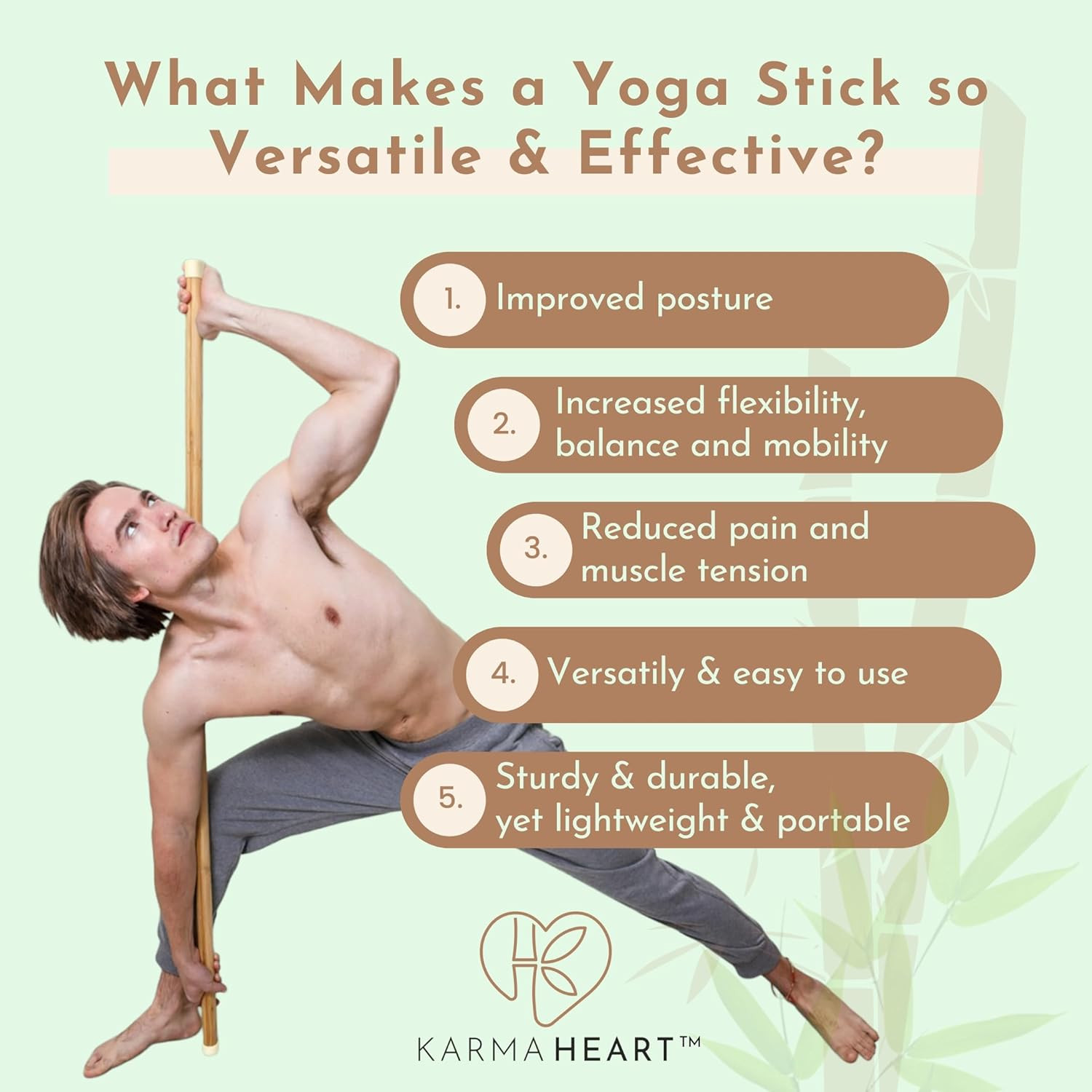 Natural Bamboo Yoga Stick (5Ft): Stretching Stick with White Sturdy Rubber Ends