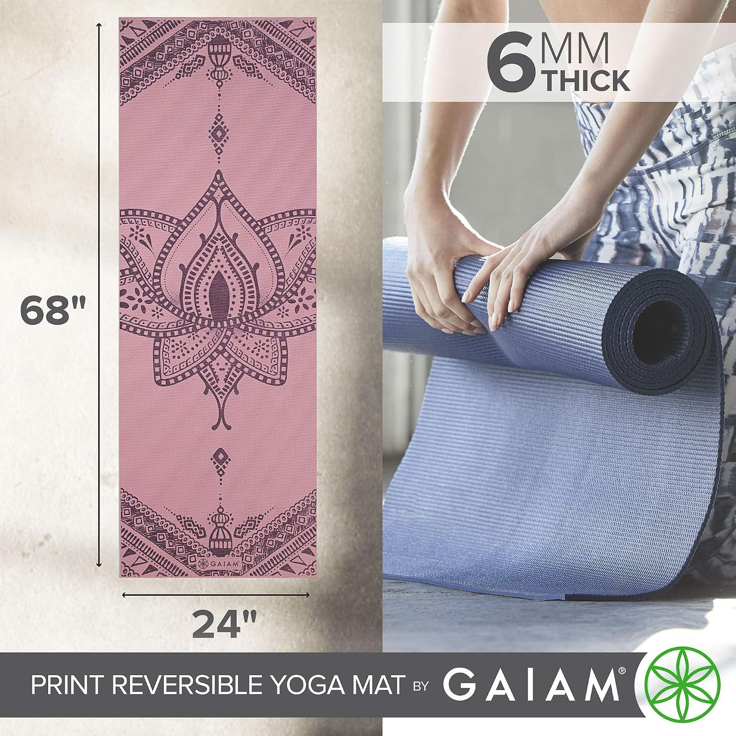 Gaiam Yoga Mat – Premium Print Reversible Extra Thick Non Slip Exercise & Fitnes