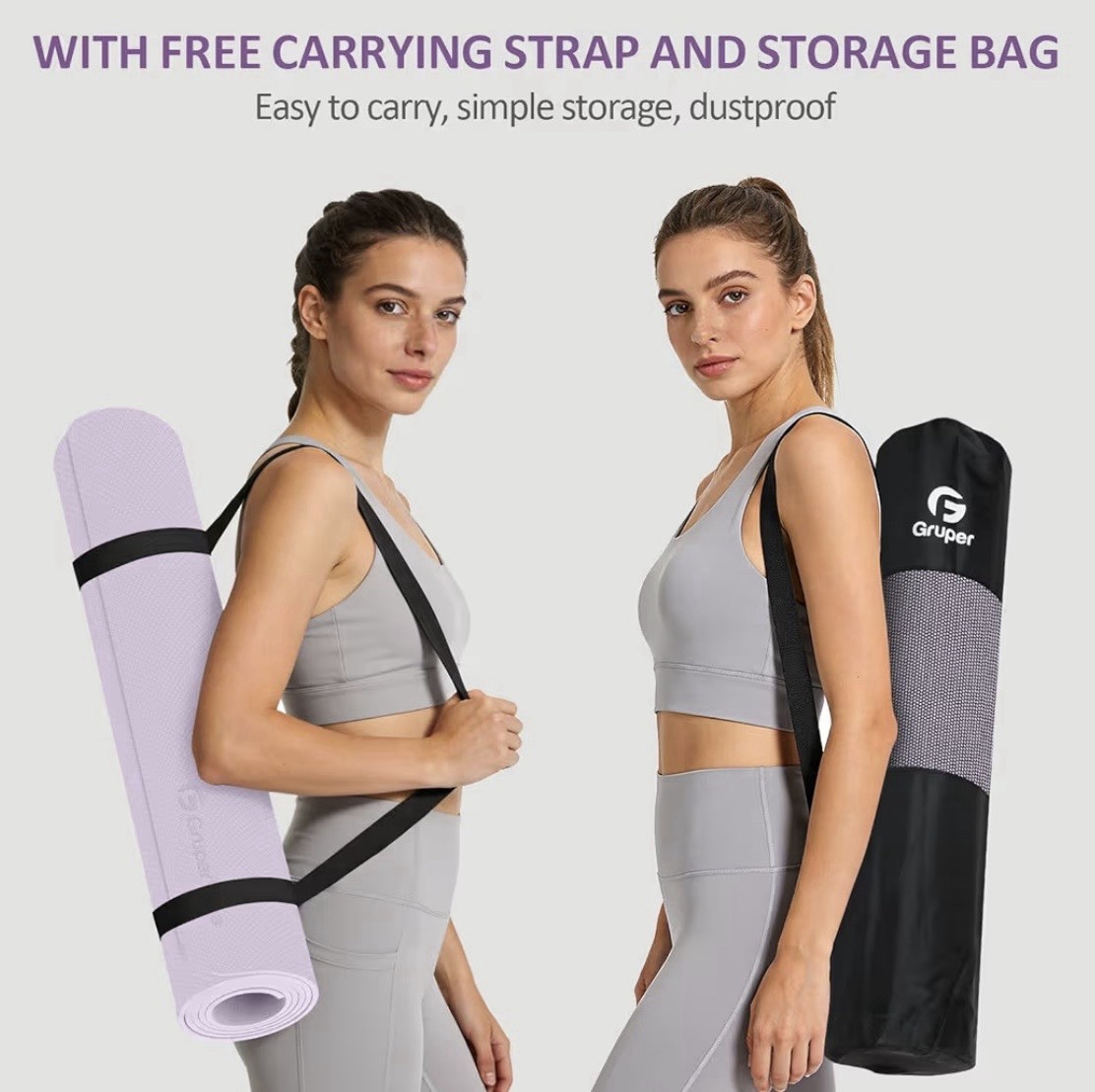Gruper TPE Yoga Mat 72×24 6mm Non-Slip Waterproof Purple w/ Strap & Bag