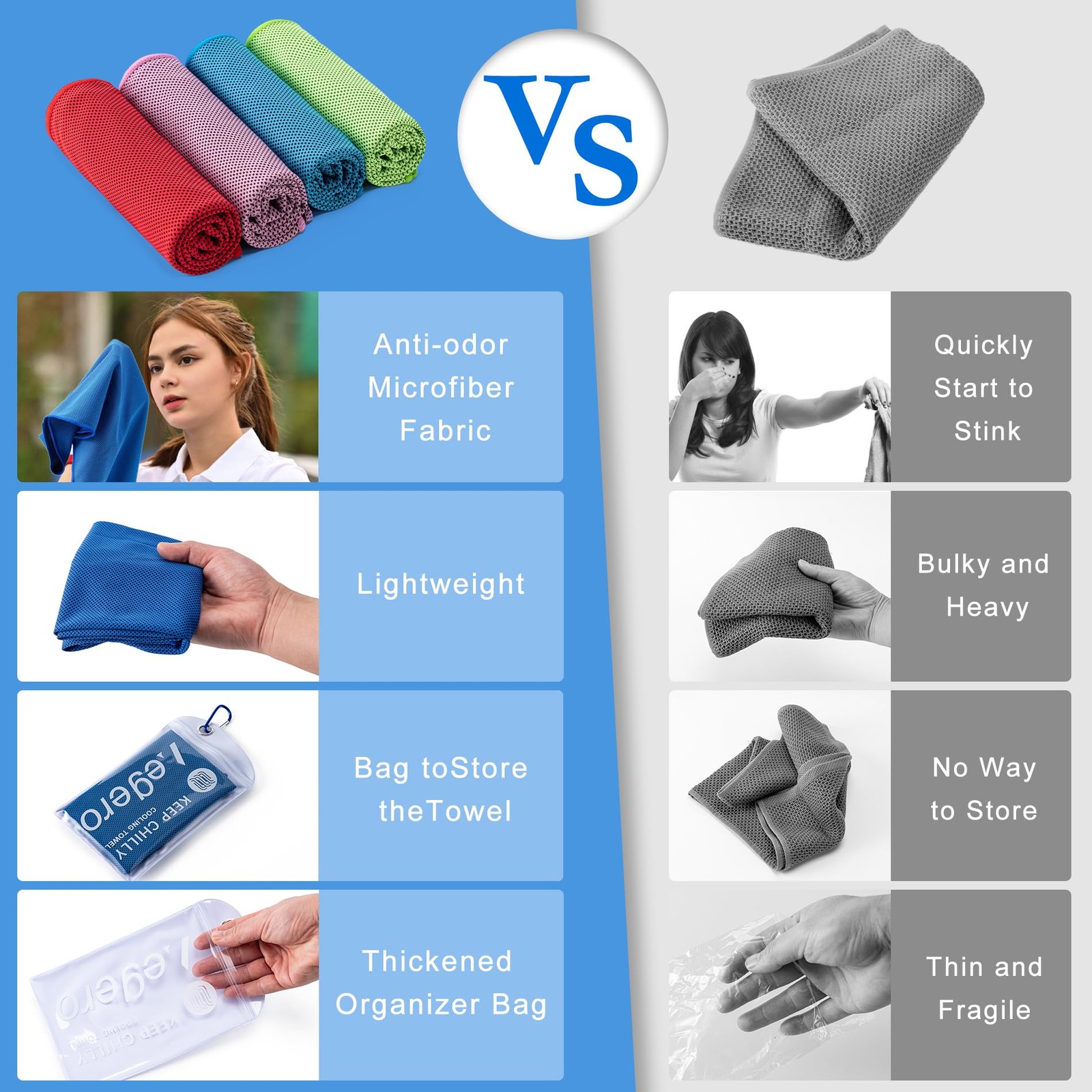 Aegero 4 Pack Cooling Towel (40&Prime;x12&Prime;), 40&Prime; x 12&Prime;, Light Blue/Green/Pink/Grey