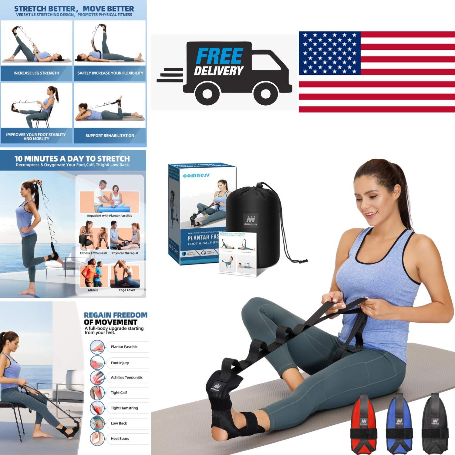 Foot and Calf Stretcher 60 Inch Black Stretching Strap for Plantar Fasciitis