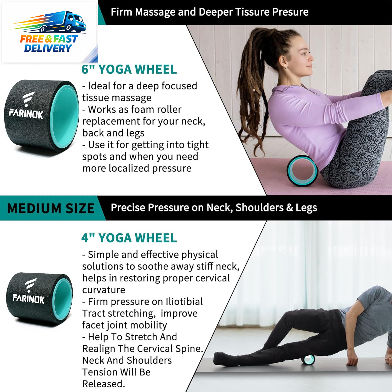 Yoga Wheel Set of 3+1, Upgraded 10MM Thick Back Wheels for Pain Relief & Stretch