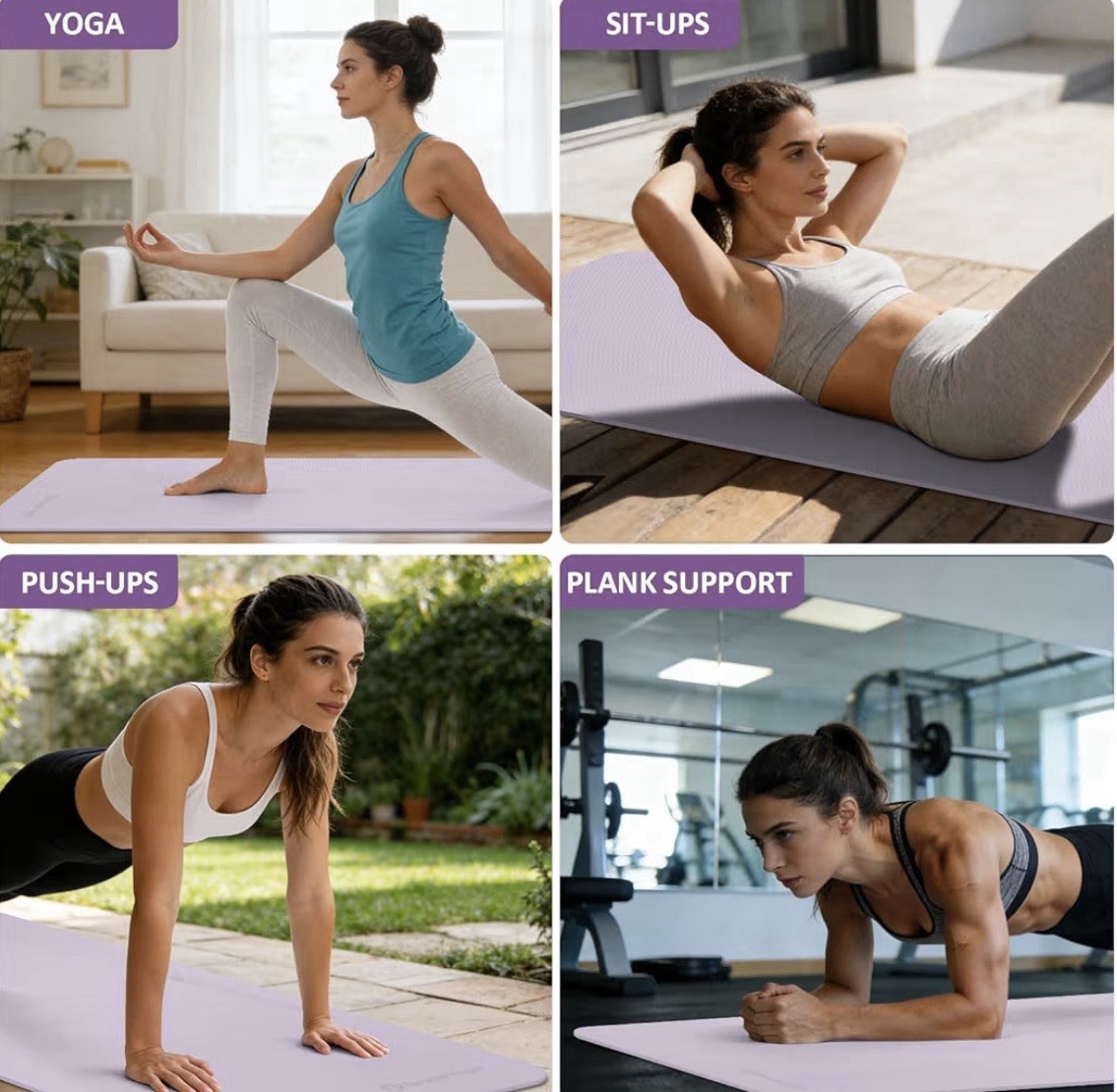 Gruper TPE Yoga Mat 72×24 6mm Non-Slip Waterproof Purple w/ Strap & Bag