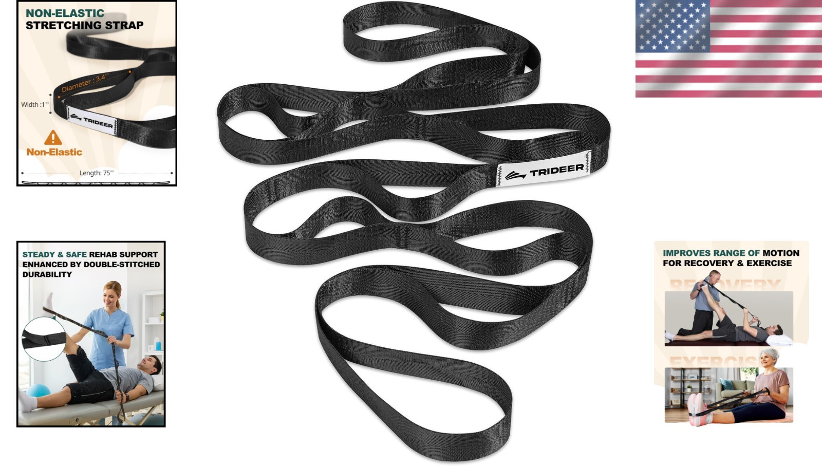 75-Inch Non-Elastic Stretching Strap for Yoga and Physical Therapy – Black