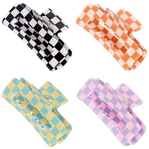 Checkered Rectangle Hair Claw Clips, Large Acrylic Multicolored Pattern D