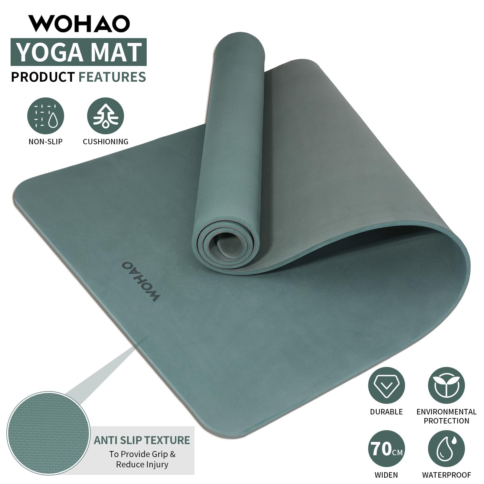 WOHAO Extra Thick 8mm Yoga Mat, 72&Prime;x28&Prime; 183*70*0.8cm, Dark green+Dark grey