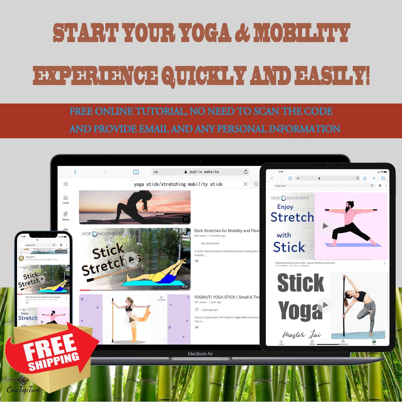 OneTopTwo Bamboo Yoga Stick All Pink 5ft
