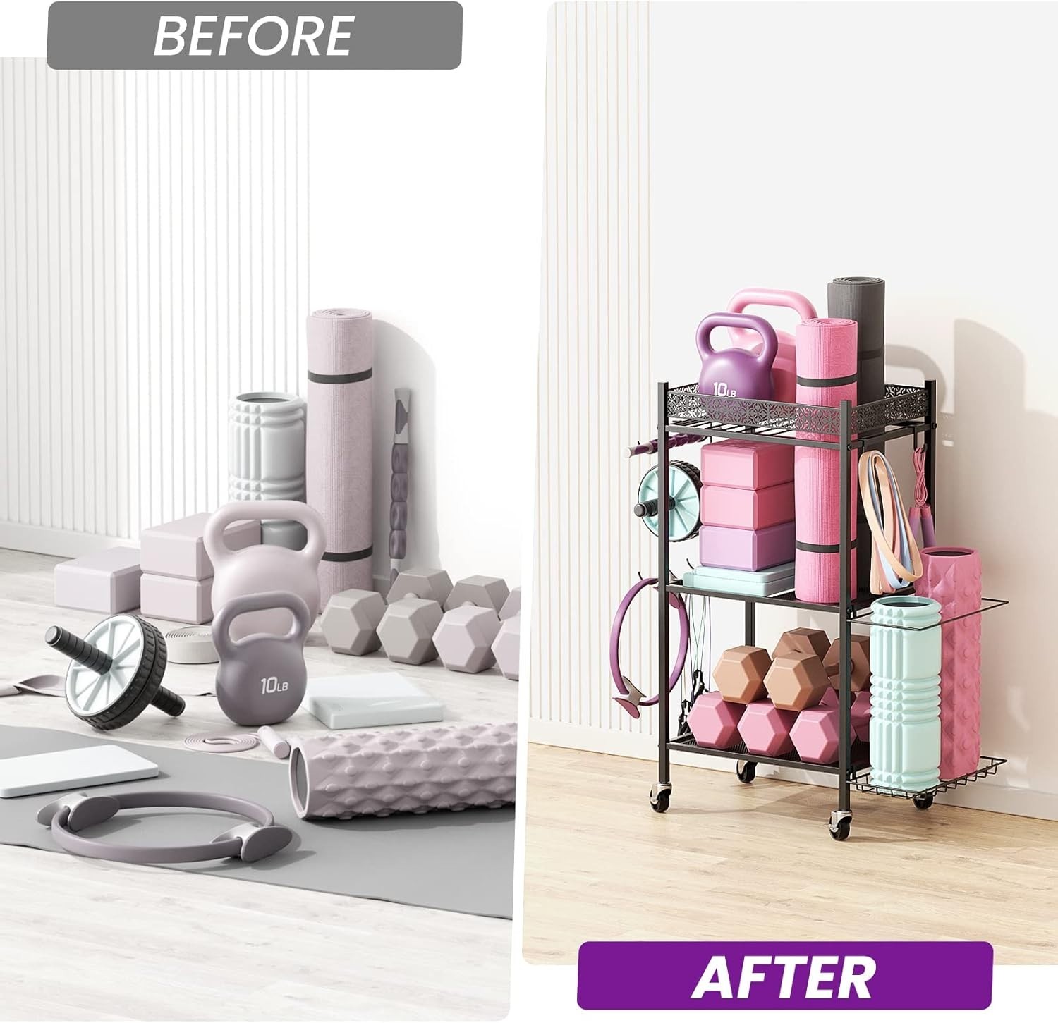 Versatile Exercise Equipment Organizer with Lockable Design and Removable Hooks