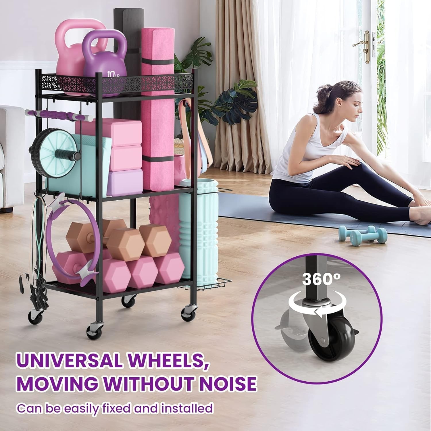 Versatile Exercise Equipment Organizer with Lockable Design and Removable Hooks
