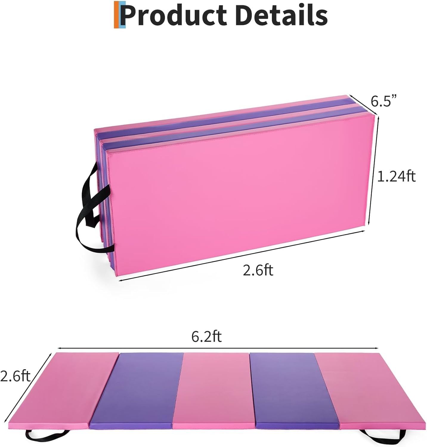 Folding Gymnastics Mat, 6×2 Ft(Four-fold) / 6.2×2.6 Ft(Five-fold)-Thick Portable