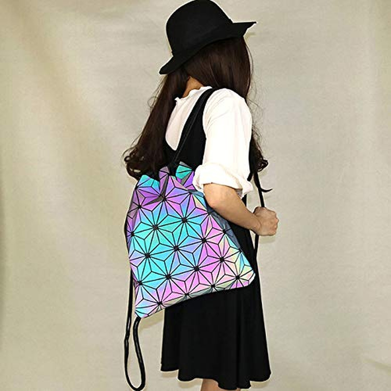 Gym Drawstring Bag Geometric Sports Bag Backpack Luminous Reflective Jute Bag…