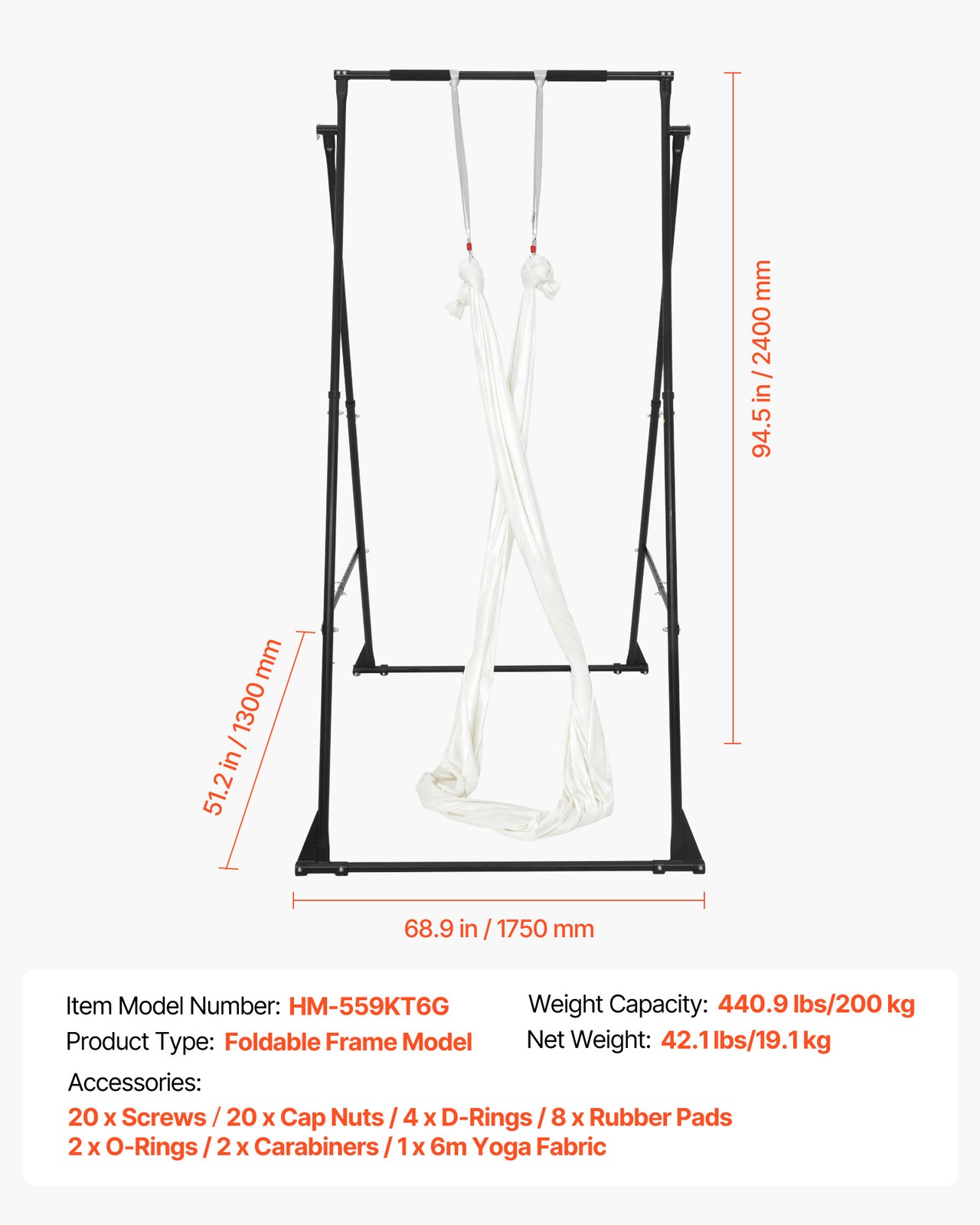 VEVOR Yoga Stand Frame 440.9 lbs Load Swing Stand with 6.6-yard Yoga Hammock