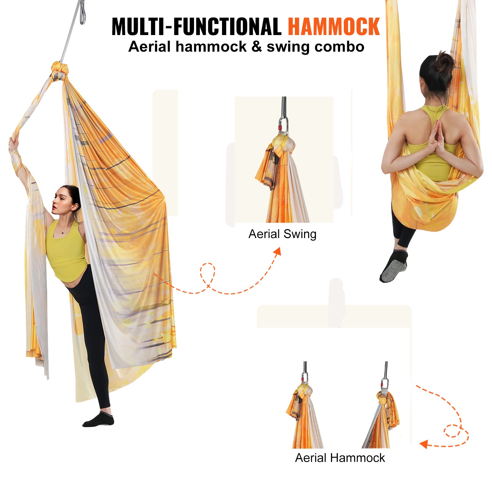 VEVOR Yoga Swing Aerial Hammock 5.5 Yards Nylon Hanging Sling Inversion Gold