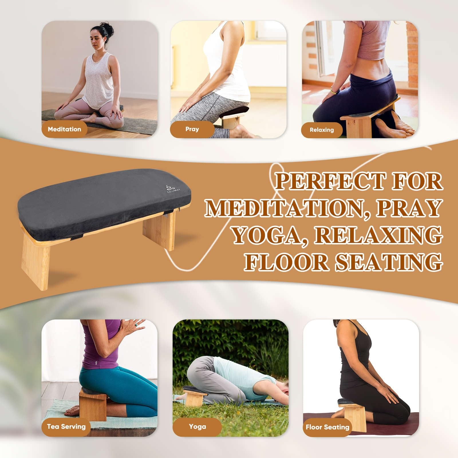 Meditation Bench with Cushion Foldable Ergonomic Bamboo Kneeling Stool Seiza …