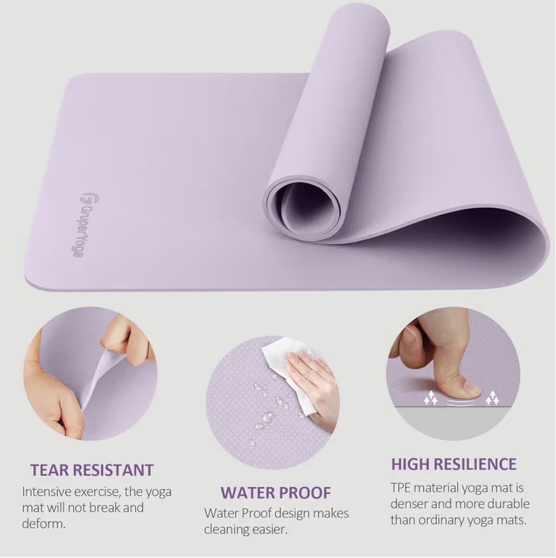 Gruper TPE Yoga Mat 72×24 6mm Non-Slip Waterproof Purple w/ Strap & Bag