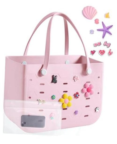 Beach Bag for Women, Water-resistant Rubber Tote Bag, Large A-baby Pink