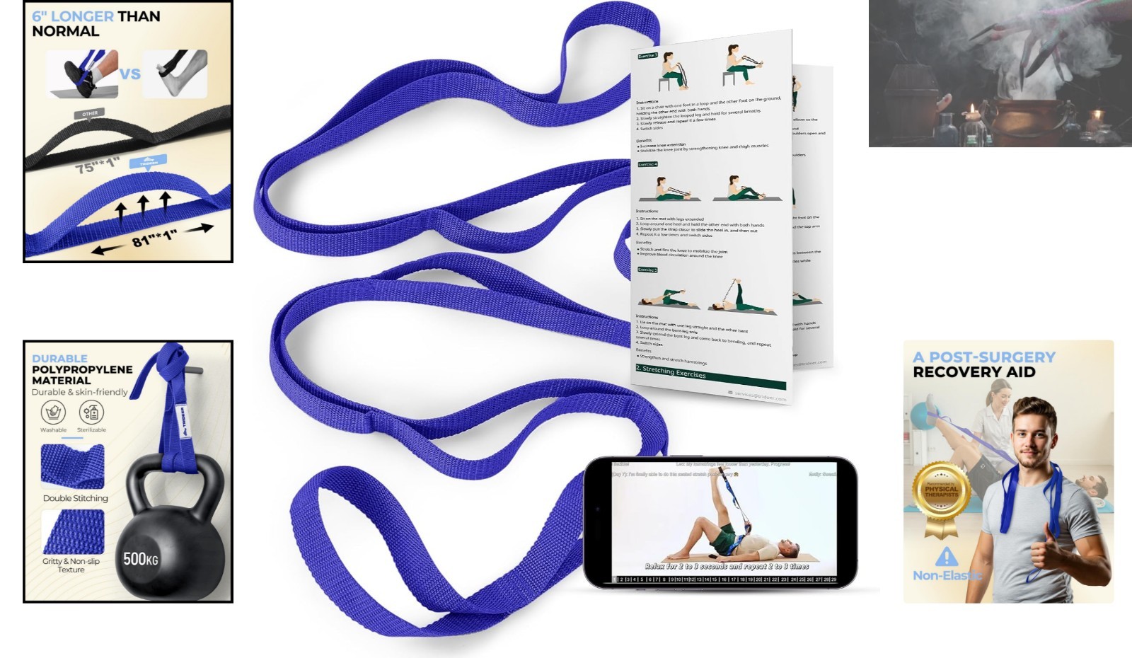 Durable Deep Blue 10-Loop Stretch Strap for Yoga, Pilates & Physical Therapy