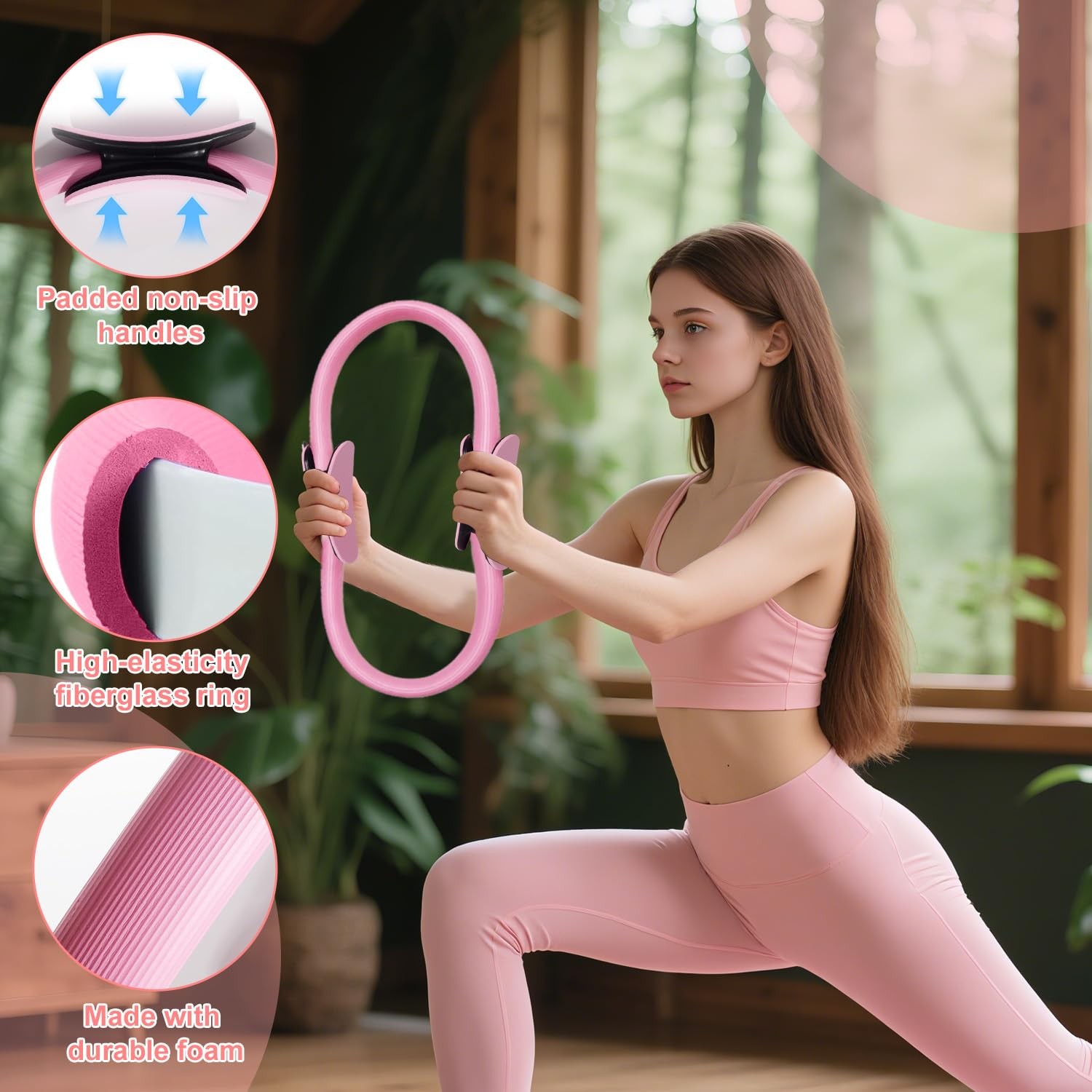 LENGAMPLAY Pilates Ring Set with Resistance Bands– Anti-Slip Magic Pink