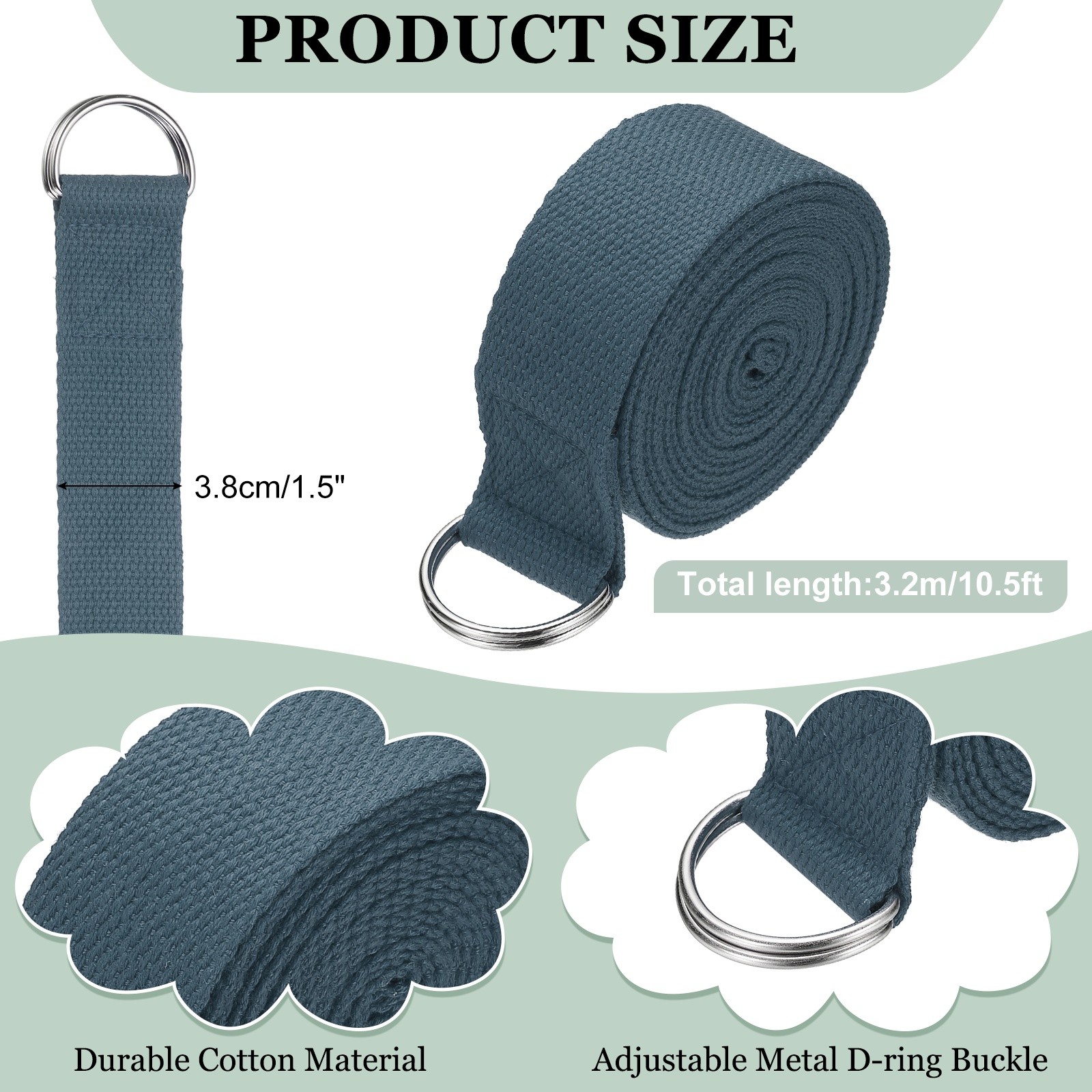 Yoga Strap with Adjustable Metal D Ring Buckle, 10.5ft & Gray