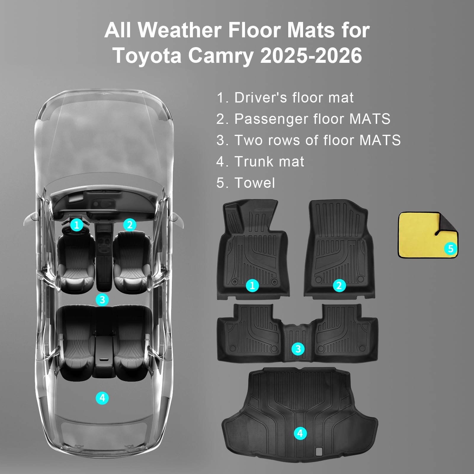 for Toyota Camry 2025 2026 Floor Mats, Full Set All-Weather TPE Laser Custom …