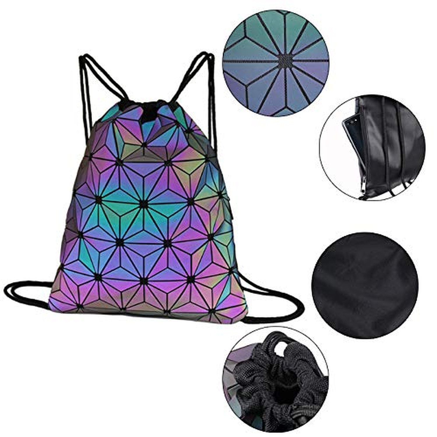 Gym Drawstring Bag Geometric Sports Bag Backpack Luminous Reflective Jute Bag…