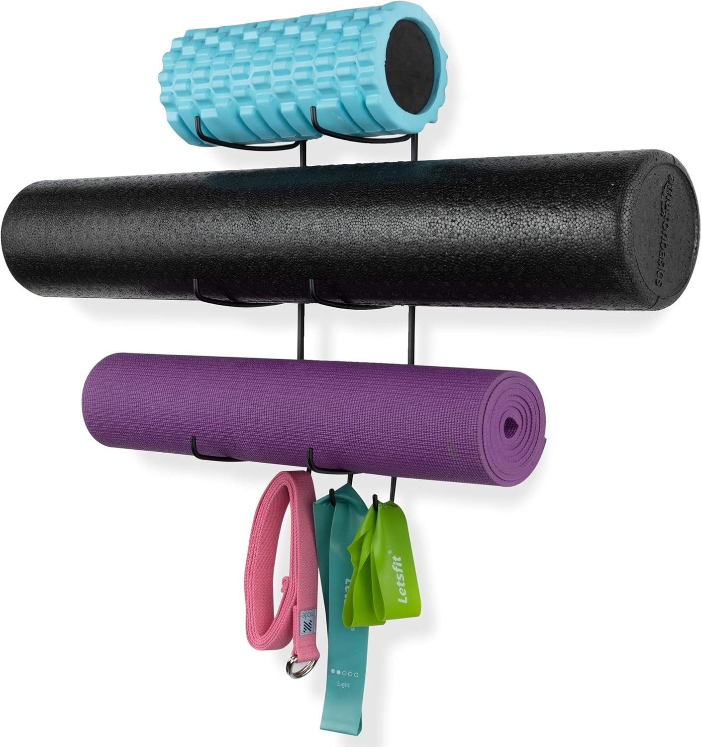 Guru Yoga Mat Holder Wall Mount with 3 Hooks for Hanging Yoga Strap, Resistan…