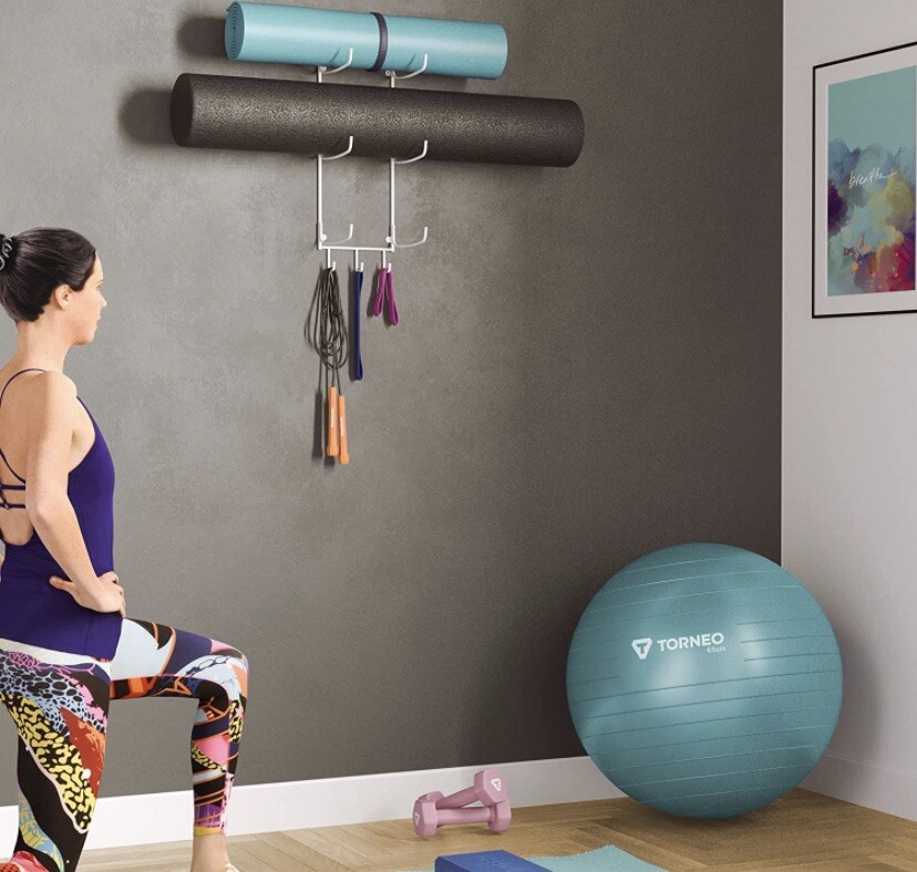 Guru Wall Mount Yoga Mat Foam Roller and Towel Rack with 3 Hooks for White