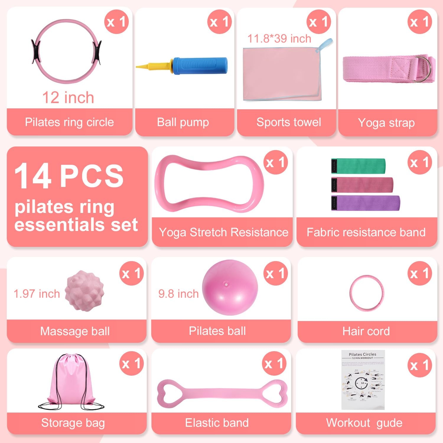 LENGAMPLAY Pilates Ring Set with Resistance Bands– Anti-Slip Magic Pink