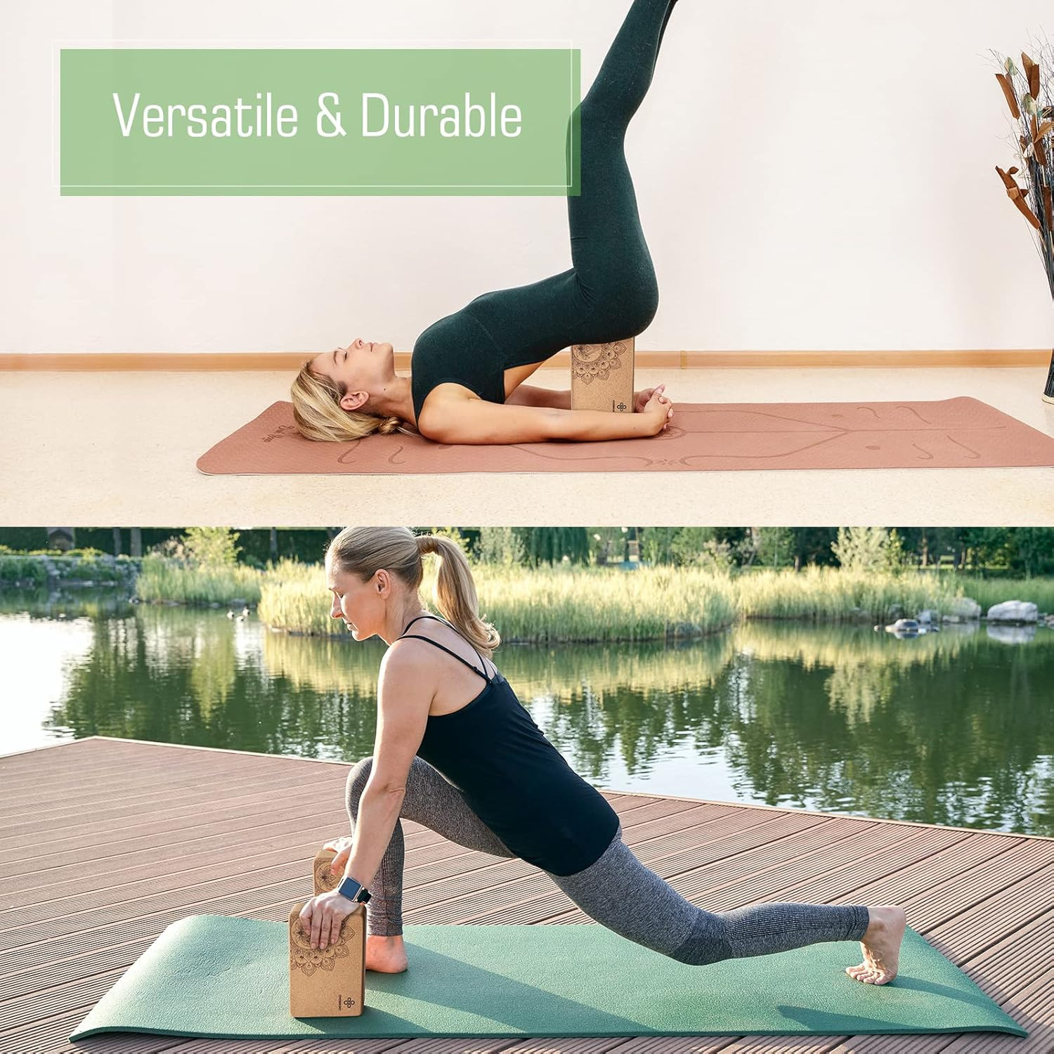 Cork Yoga Blocks 2 Pack with 8Ft Strap Natural Cork Bricks- High Density & Eco F